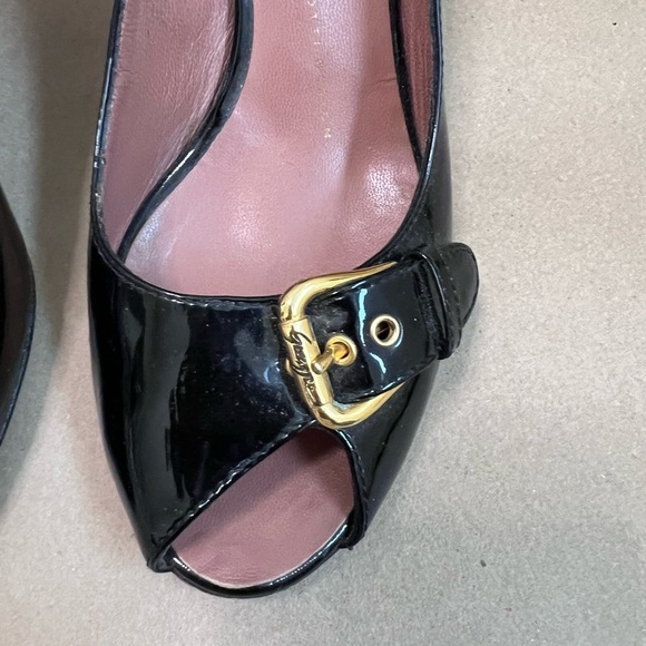 Giuseppe Zanotti Women’s Black Patent With Gold Buckle Peep Toe Heels 37 - Picture 5 of 10
